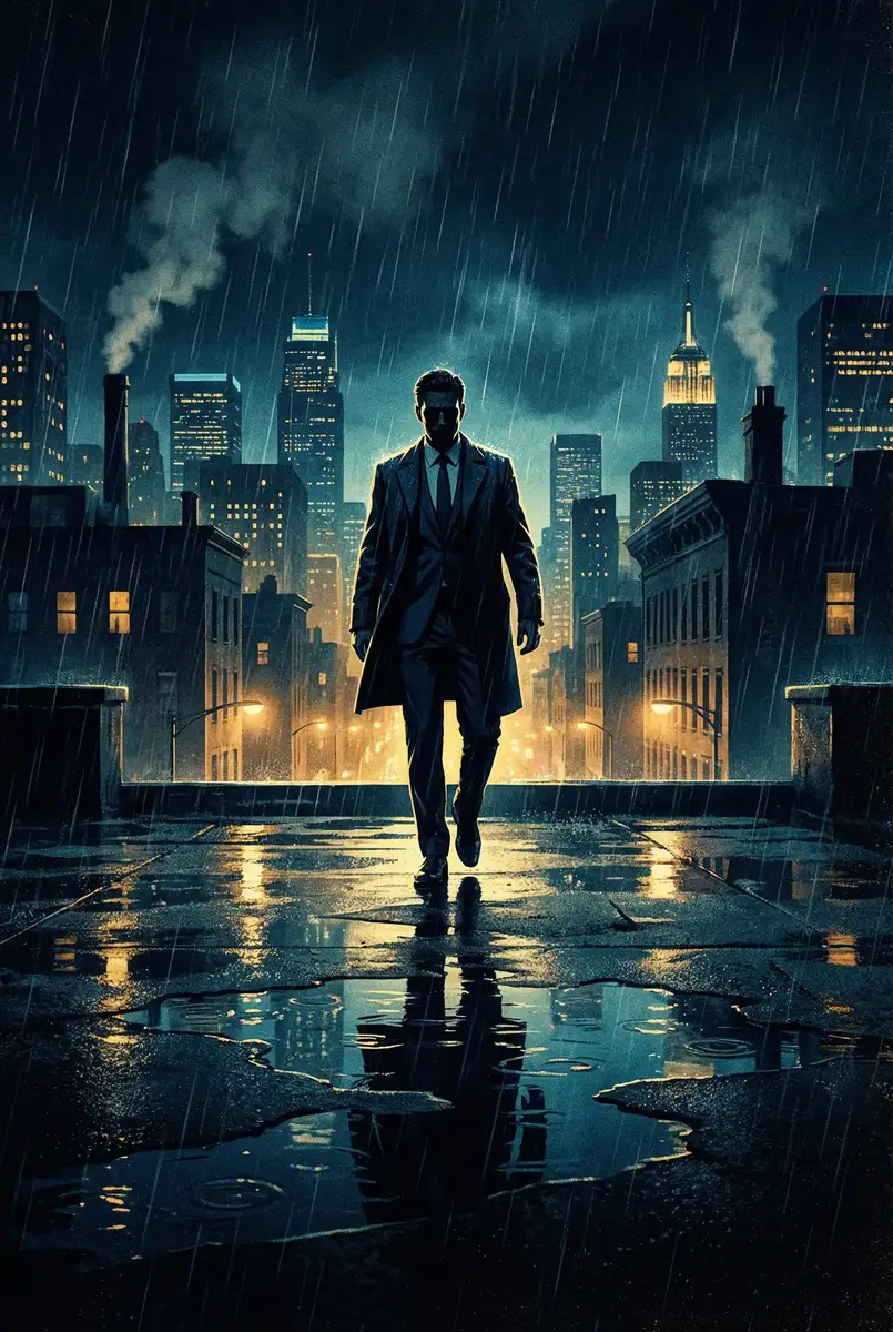 老树逢春 大梦未醒 出品影片《雨夜独行者》海报，雨中城市屋顶男性剪影